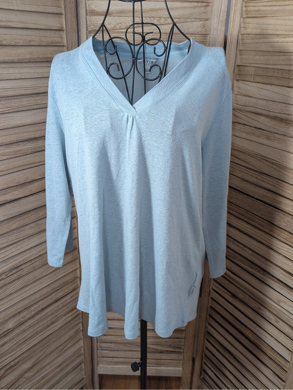 Orvis Classic Collection Blouse Top Womens L Blue 3/4 Sleeve V Neck‎ Linen Blend